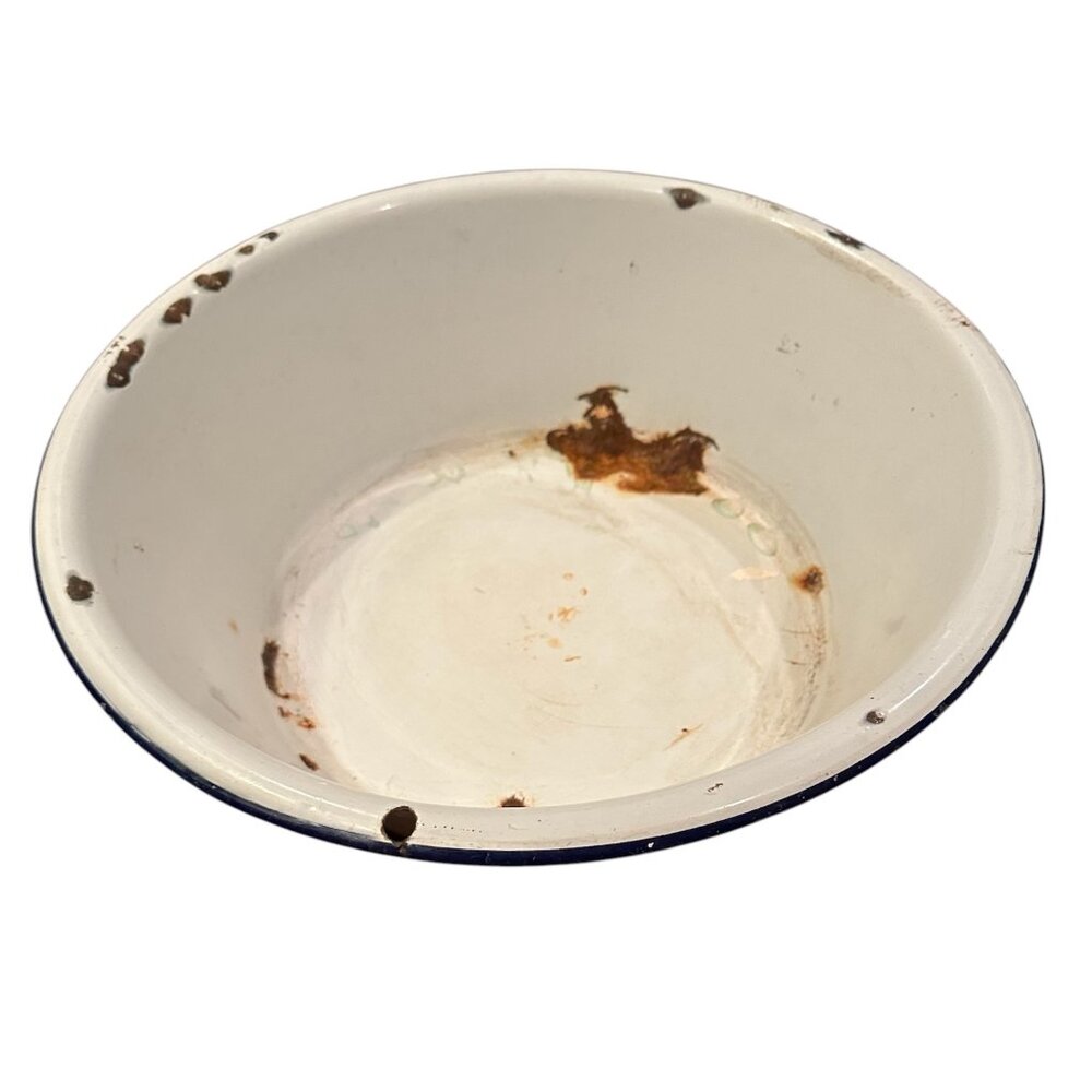 Vintage XL White Enamelware Bowl Rust Patina Wash Basin Farmhouse Planter